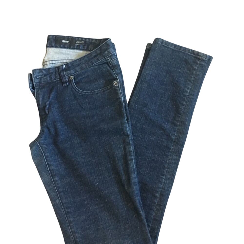EUC Obey Low Rise Slim Leg Jeans Dark Wash marked Size 28 x 34 actual 27x 33
